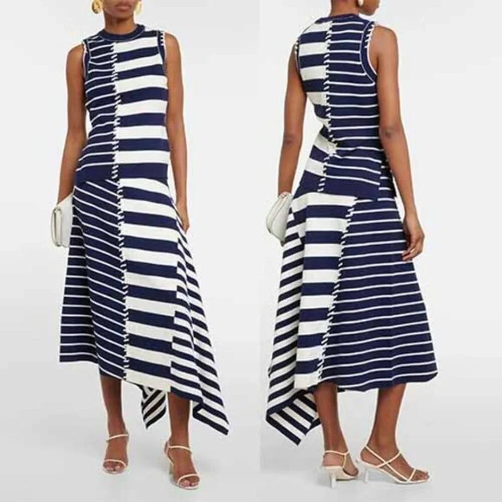 NEW Simkhai Joelene Asymmetric Fitted Striped Wool-Blend Top Navy Blue Size: XS - Picture 7 of 7